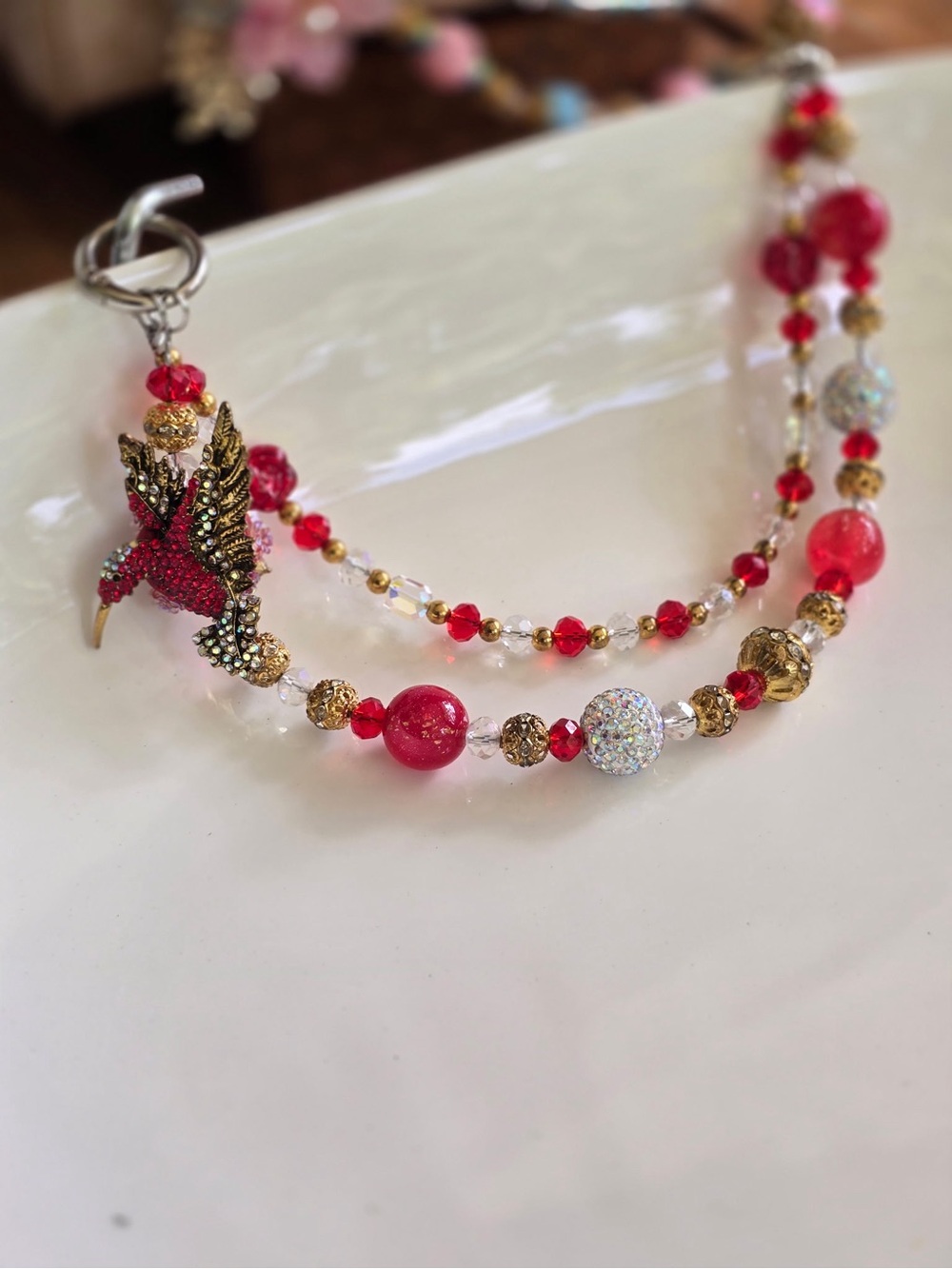 Red Beaded Hummingbird bag charm with Gold Accents
